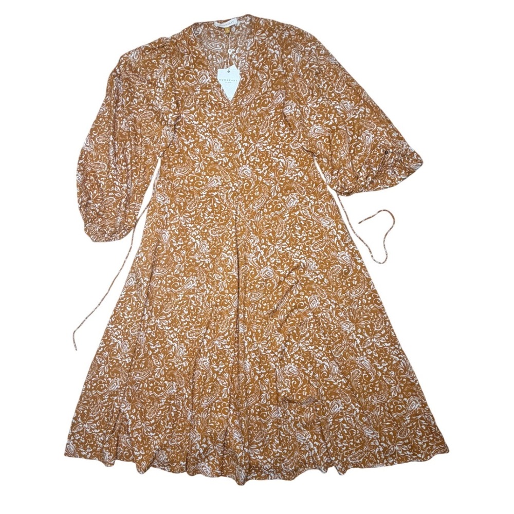 Downeast Mademoiselle Dress Mustard Paisley Floral VNeck Balloon Sleeve Sz S